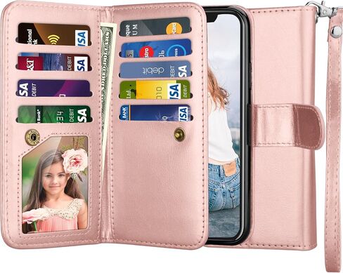 حافظة محفظة Njjex لهاتف iPhone X، حافظة iPhone XS، جلد PU [9 فتحات للبطاقات] غطاء فليب فوليو الائتمان [قابل للفصل] [مسند] حافظة هاتف مغناطيسية وحبل معصم لهاتف iPhone X 2017/ XS 2018 [RoseGold] in Saudi Arabia