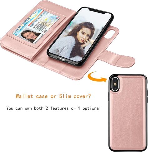حافظة محفظة Njjex لهاتف iPhone X، حافظة iPhone XS، جلد PU [9 فتحات للبطاقات] غطاء فليب فوليو الائتمان [قابل للفصل] [مسند] حافظة هاتف مغناطيسية وحبل معصم لهاتف iPhone X 2017/ XS 2018 [RoseGold] in Saudi Arabia