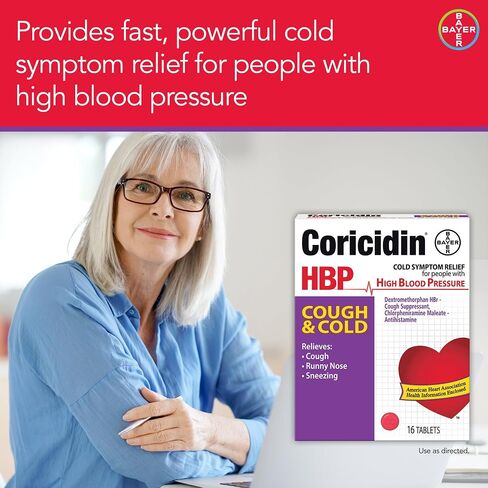 Coricidin HBP, Decongestant-Free Cold Symptom Relief for People with High Blood Pressure, Cough & Cold Tablets, 16 Count in Saudi Arabia