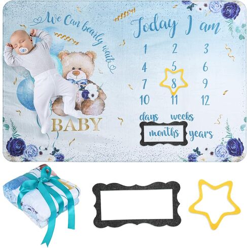 بطانية أشهر الطفل، بطانية مايلستون مقاس 60 بوصة × 40 بوصة للطفل الصبي الدب مع إطارين معلمين، بطانية مخطط نمو الطفل الشهري لبطانية عمر الوليد، 1-12 يومًا، أسبوع، شهر، سنة، معلم in Kuwait