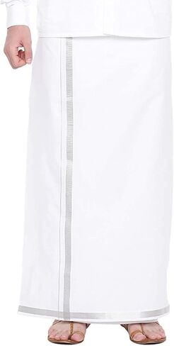 Kolakeer™ Men's Easy-To-Wear Welcro Zari Border Cotton Dhoti with Pocket - Adjustable from 28 to 38 inch Waist Size in Kuwait