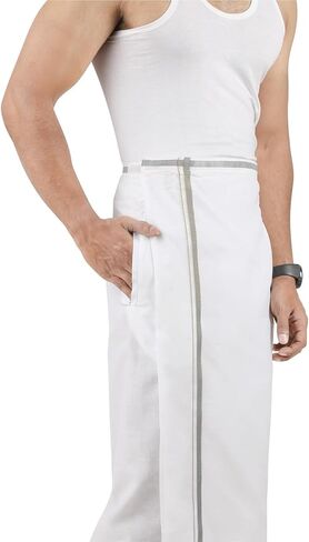 Kolakeer™ Men's Easy-To-Wear Welcro Zari Border Cotton Dhoti with Pocket - Adjustable from 28 to 38 inch Waist Size in Kuwait