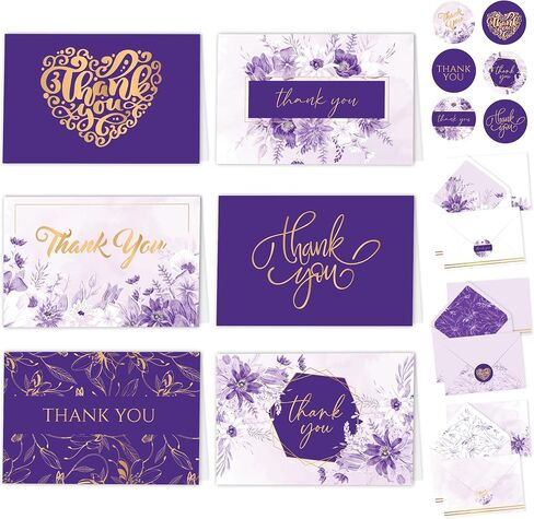 Decorably 24 Pack Gold-Foiled 6x4in Purple Thank You Cards with Envelopes and Stickers, 6 Elegant Designs Lavender Thank You Cards, Blank Inside - Wedding, Baby Shower in Kuwait
