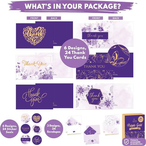 Decorably 24 Pack Gold-Foiled 6x4in Purple Thank You Cards with Envelopes and Stickers, 6 Elegant Designs Lavender Thank You Cards, Blank Inside - Wedding, Baby Shower in Kuwait
