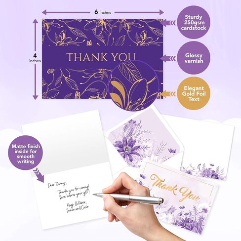 Decorably 24 Pack Gold-Foiled 6x4in Purple Thank You Cards with Envelopes and Stickers, 6 Elegant Designs Lavender Thank You Cards, Blank Inside - Wedding, Baby Shower in Kuwait