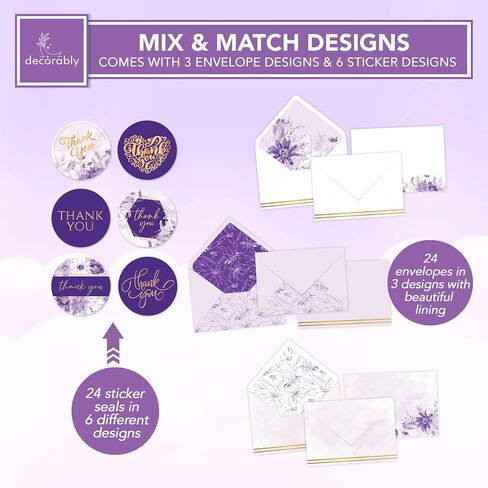 Decorably 24 Pack Gold-Foiled 6x4in Purple Thank You Cards with Envelopes and Stickers, 6 Elegant Designs Lavender Thank You Cards, Blank Inside - Wedding, Baby Shower in Kuwait