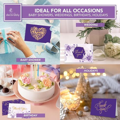 Decorably 24 Pack Gold-Foiled 6x4in Purple Thank You Cards with Envelopes and Stickers, 6 Elegant Designs Lavender Thank You Cards, Blank Inside - Wedding, Baby Shower in Kuwait