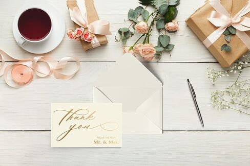مجموعة من 50 بطاقة شكر لحفلات الزفاف من Better Office Products باللون الذهبي المعدني مع مظاريف، شكرًا لك من السيد والسيدة الجديد، مقاس 4 × 6 بوصة، بطاقات فارغة، مجموعة مكونة من 50 قطعة in Saudi Arabia