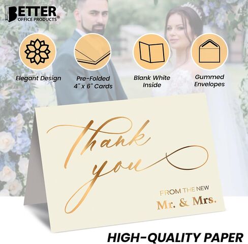 مجموعة من 50 بطاقة شكر لحفلات الزفاف من Better Office Products باللون الذهبي المعدني مع مظاريف، شكرًا لك من السيد والسيدة الجديد، مقاس 4 × 6 بوصة، بطاقات فارغة، مجموعة مكونة من 50 قطعة in Saudi Arabia