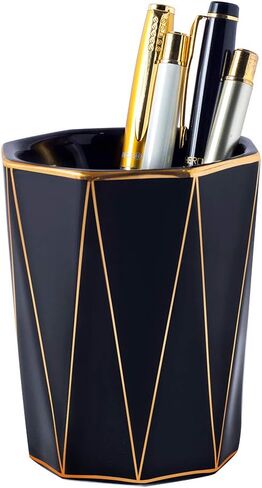 Ceramic Cone-Shape Pen Holder With Gold Line Stand Pencil Cup Pot Desk Organizer Makeup Brush Holder (Black) in Saudi Arabia