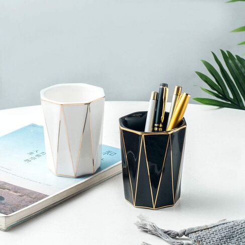 Ceramic Cone-Shape Pen Holder With Gold Line Stand Pencil Cup Pot Desk Organizer Makeup Brush Holder (Black) in Saudi Arabia