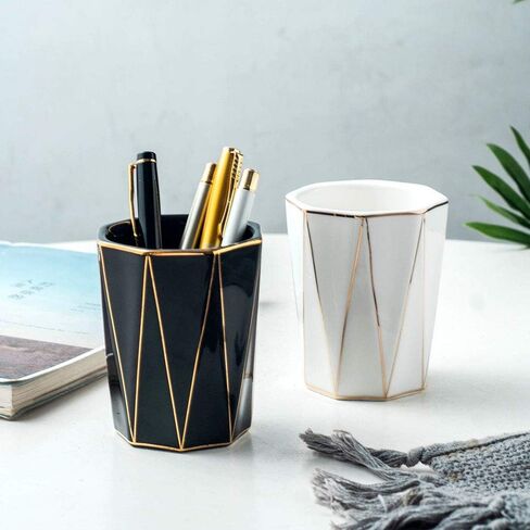 Ceramic Cone-Shape Pen Holder With Gold Line Stand Pencil Cup Pot Desk Organizer Makeup Brush Holder (Black) in Saudi Arabia