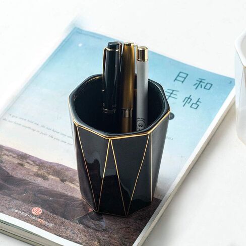 Ceramic Cone-Shape Pen Holder With Gold Line Stand Pencil Cup Pot Desk Organizer Makeup Brush Holder (Black) in Saudi Arabia