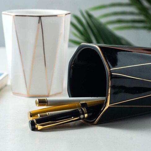 Ceramic Cone-Shape Pen Holder With Gold Line Stand Pencil Cup Pot Desk Organizer Makeup Brush Holder (Black) in Saudi Arabia