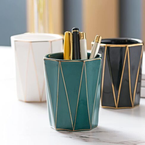 Ceramic Cone-Shape Pen Holder With Gold Line Stand Pencil Cup Pot Desk Organizer Makeup Brush Holder (Black) in Saudi Arabia