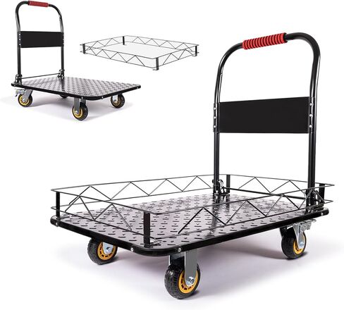 عربة مسطحة لشاحنة ذات منصة فولاذية شديدة التحمل، عربات مسطحة بسعة 2000 رطل مع عجلات، عربة دفع قابلة للطي مع سياج قابل للفصل (36 بوصة × 24 بوصة) in Kuwait