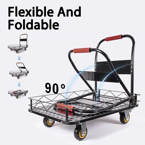 عربة مسطحة لشاحنة ذات منصة فولاذية شديدة التحمل، عربات مسطحة بسعة 2000 رطل مع عجلات، عربة دفع قابلة للطي مع سياج قابل للفصل (36 بوصة × 24 بوصة) in Kuwait