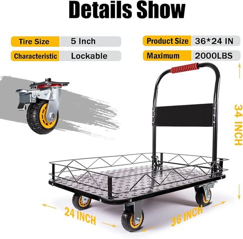 عربة مسطحة لشاحنة ذات منصة فولاذية شديدة التحمل، عربات مسطحة بسعة 2000 رطل مع عجلات، عربة دفع قابلة للطي مع سياج قابل للفصل (36 بوصة × 24 بوصة) in Kuwait