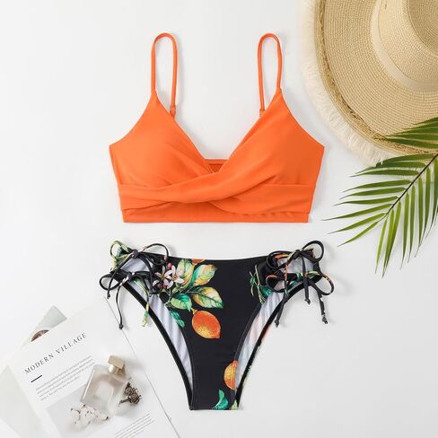 Women's Sexy V Neck Bikini Sets Lace Up Two Piece Swimsuits Floral Pattern Bathing Suits in Saudi Arabia
