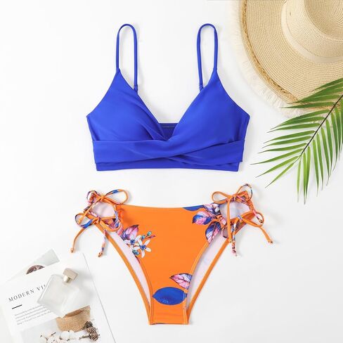 Women's Sexy V Neck Bikini Sets Lace Up Two Piece Swimsuits Floral Pattern Bathing Suits in Saudi Arabia