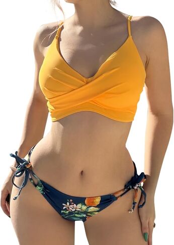 Women's Sexy V Neck Bikini Sets Lace Up Two Piece Swimsuits Floral Pattern Bathing Suits in Saudi Arabia