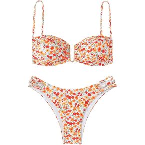 WDIRARA Women's 2 Piece Swimsuit Floral Print Cut Out Smocked Tie Back Bikini Set Swimwear