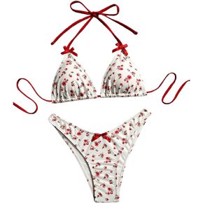 SOLY HUX Bathing Suit for Women Floral Print Halter Triangle Swimsuit Two Piece Bikini Sets