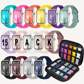 15 Pack Sport Bands with Storage Case Compatible for Apple Watch Band 38mm 40mm 41mm 42mm 44mm 45mm Women Men,Soft Silicone Strap Watch Band Holder Organizer for iWatch Series 9 8 7 6 SE 5 4 3 2 Ultra