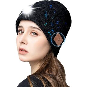Unisex Bluetooth Beanie Hat with Light,Warm Winter Knitted Hat Headlamp hat Wireless Bluetooth Headphones, for Men Women (Black)