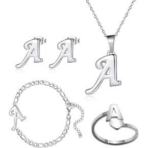 4 Pack Stainless Steel Initial A Necklace for Women Girls Letter Rings Link Chain Bracelet Alphabet Earrings Studs Gift Silver Jewelry Set (A)