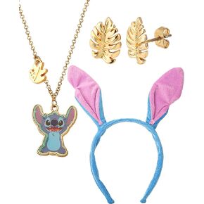 Disney Stitch Jewelry 3-Piece Set with Palm Leaf Stud Earrings, 16"+3" Stitch Necklace and Stitch Headband, Official License