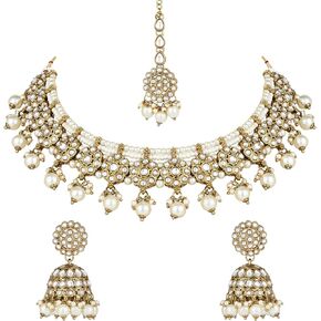 I Jewels Gold Plated Kundan Pearl Handmade Choker Necklace Jewellery & Jhumka Earring Set For Women/Girls (K7266)
