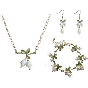 Freshwater Pearl Valley Lily Dangle Earrings Bracelet Necklace Jewelry Set Flower Drop Charm Enamel Green Leaves Fashion Jewelry Set for Women Girls Gift