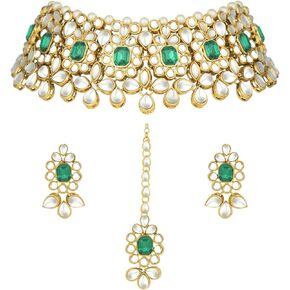 Aheli Ethnic Traditional Faux Kundan Necklace Earrings Indian Wedding Party Fashion Jewellery for Women Green