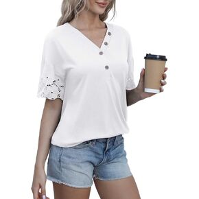 Jouica Women's Summer Casual Lace Short Sleeve Buttons Top V-Neck Loose Shirts Blouses