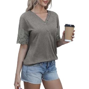 Jouica Women's Summer Casual Lace Short Sleeve Buttons Top V-Neck Loose Shirts Blouses