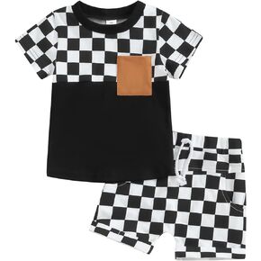 Baby Boy Summer Outfits Checkerboard Print Short Sleeve T-Shirt with Elastic Waist Shorts 2Pcs Clothes Cute