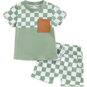 Baby Boy Summer Outfits Checkerboard Print Short Sleeve T-Shirt with Elastic Waist Shorts 2Pcs Clothes Cute