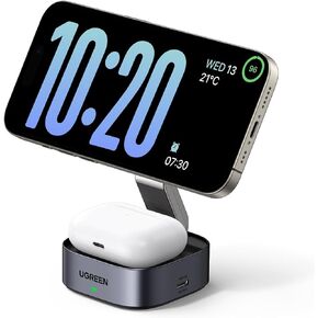 UGREEN 2-in-1 Magnetic Foldable Charging Station, Qi Fast Wireless Charger Compatible with iPhone 15 14 13 12, Airpods3 2 Pro (No AC Adapter)