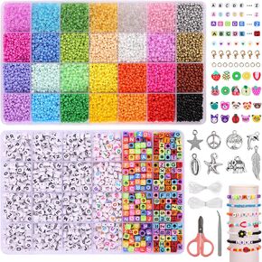 QUEFE 12600 قطعة 3 مم 28 لونًا من الخرز الزجاجي لمجموعة صنع سوار الصداقة، خرز صغير، طقم صنع السوار مع 1560 قطعة من خرز الحروف، خرز القلب، خرز الطين، هدايا الحرف اليدوية لصنع المجوهرات in Kuwait