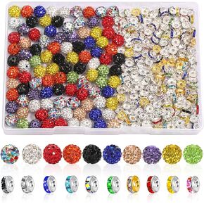 300pcs Rhinestone Beads for Crafting Set, 100pcs Rhinestone Beads & 200pcs Spacer Beads in 10 Mix Colors, Round Crystal Diamond Beads for Bracelet Necklace Earring Jewelry Making