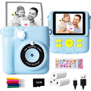 GKTZ Instant Print Camera for Kids - 1080P HD Instant Print Photo - Christmas Birthday Gifts for Age 4 5 6 7 8 9 10 Girls Boys - Portable Toy with 3 Rolls Photo Paper, 32GB Card, 5 Color Pens - Blue