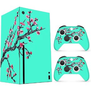 HK Studio Teal Cherry Blossom Decal Sticker Skin to Cover X-Box Series X with No Bubble, Waterproof, Full Protection - Including 2 Controller Skins and Console Skin