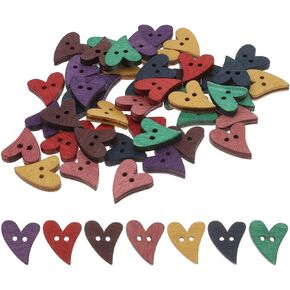 VILLCASE 100pcs Wooden Buttons, Heart Shaped Wood Craft Buttons, 2-Hole Vintage Decorative Button Mixed Colors Painted Button for DIY Clothes Sewing Craft Decoration