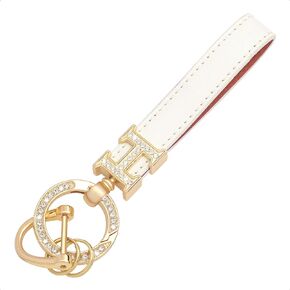 White Leather double Bling Rhinestones keychain Fingerprint Resistant Plating Metal Key Chain Ring