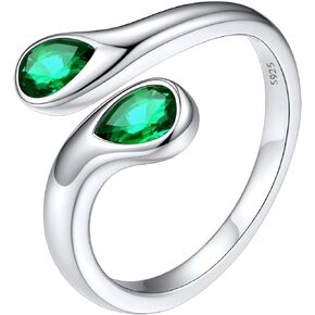 Silvora 925 Sterling Silver Adjustable Ring Wrap Birthstones Open Rings for Women Girls Ring with 2 Pear Shaped Gemstone, Birthstone Ring for Mother