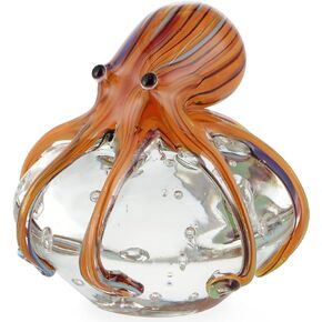 Hand Blown Glass Octopus Figurine, Cute Sea Animal Paperweight, Collectible Nautical Statue Decor for Home, Office, Party and Gift (Blue and Green)