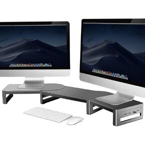 Vaydeer Adjustable Dual Monitor Stand with USB, Angled Double Monitor Riser, Metal Computer Support for 2 Monitors, Desk Hub with Shelf Storage Raiser for iMac Laptop PC Screen Office Studio Organizer