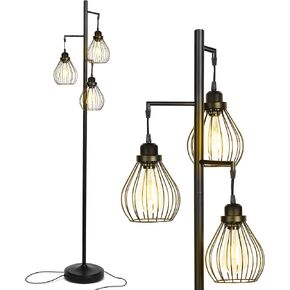 مصباح أرضي LED من Brightech Teardrop - مصباح قائم على شكل شجرة مع 3 رؤوس قفص أنيقة ومصابيح إديسون - مصباح قائم لغرف المعيشة والمكاتب - مصباح طويل القامة مثالي للقراءة في غرفة النوم - أسود
