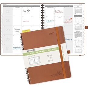 POPRUN Monthly Planner 2024-2025 Spiral Bound (6.5'' x 8.5'') 18 Months Calendar (Jul 2024 - Dec 2025) - 4 Pages per Month with Monthly Expense & Notes, Sunday Start, Leather Cover - Pink